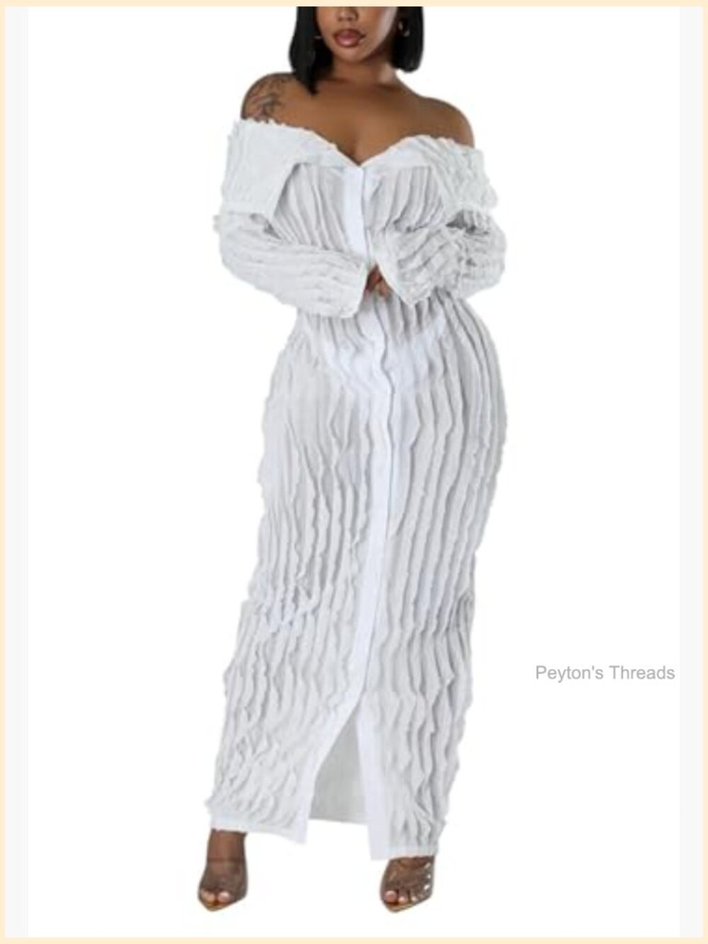 Off Shoulder Maxi Dress Long Sleeve Button Down Ruffle Mesh Bodycon Sexy - Picture 2 of 7